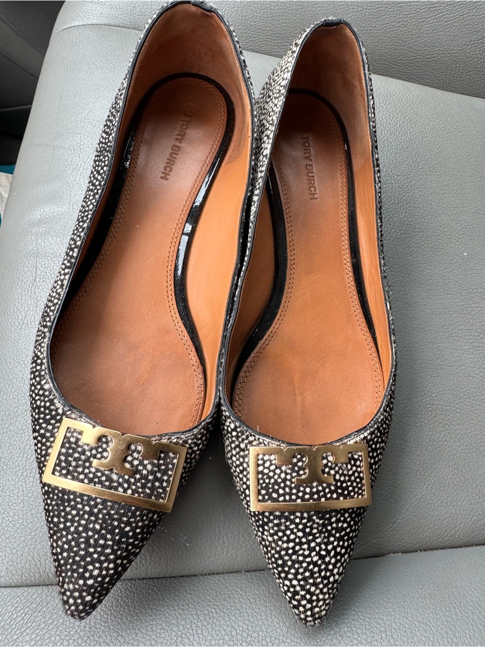 Tory Burch Black and White Pointed Toe Logo Flats